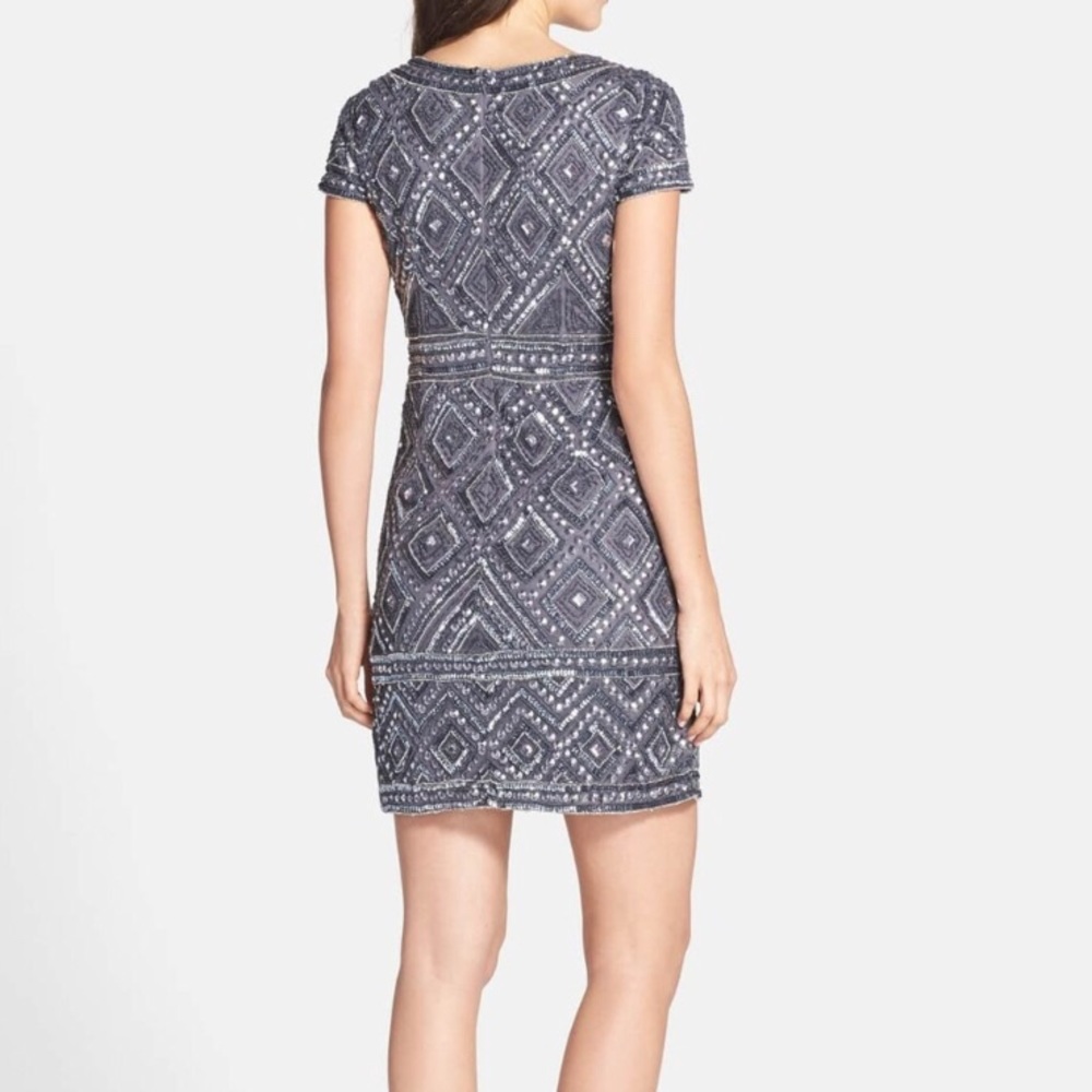 “Adrianna Papell” Cap Sleeve Geo Bead Sheath Dress - Picture 2 of 7